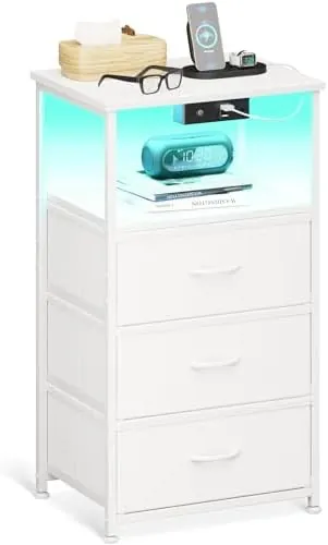 Coleshome LED & USB, mesita de noche blanco de estructura de acero y cajones de tela