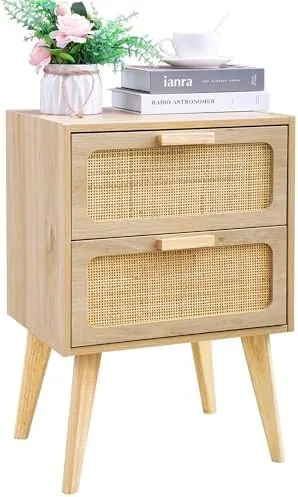 YAUKOMEL ratán, mesita de noche ratán natural de mdf de alta densidad con frentes de ratán natural y patas de madera
