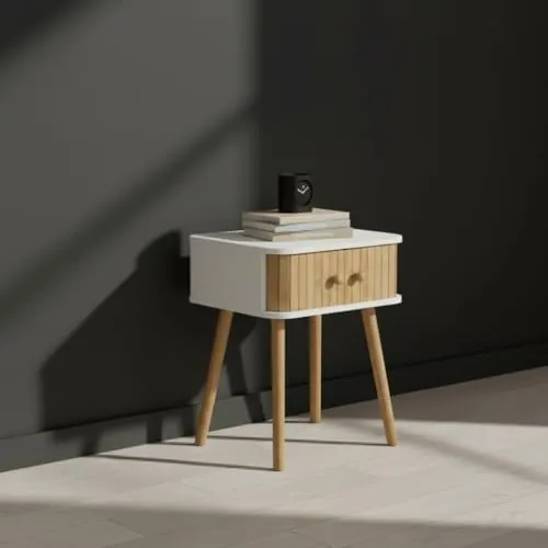 INDE bambú, mesita de noche blanco con bambú de madera de ingeniería con puertas de bambú y patas cónicas de madera