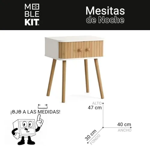 INDE MOBLEKIT INDE bambú, mesita de noche blanco con bambú de madera de ingeniería con puertas de bambú y patas cónicas de madera — imagen 3 de 6