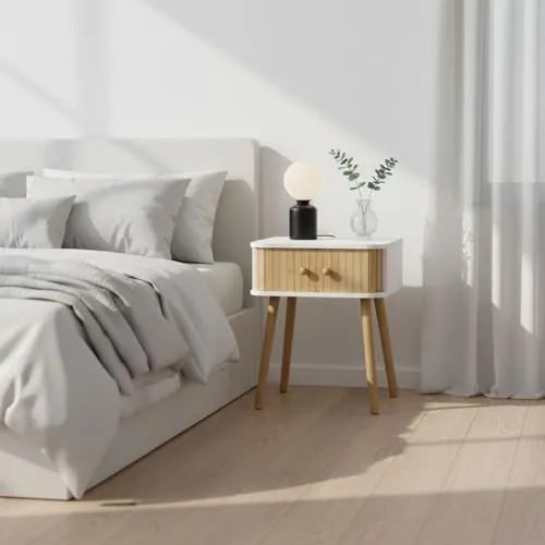 INDE MOBLEKIT INDE bambú, mesita de noche blanco con bambú de madera de ingeniería con puertas de bambú y patas cónicas de madera — imagen 5 de 6