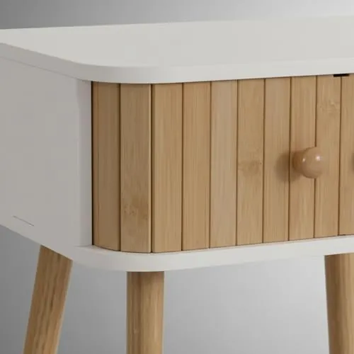INDE MOBLEKIT INDE bambú, mesita de noche blanco con bambú de madera de ingeniería con puertas de bambú y patas cónicas de madera — imagen 6 de 6