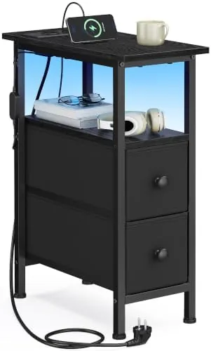 SONGMICS BELLAH LED, mesita de noche negro tinta de marco de acero con tablero de aglomerado y mdf