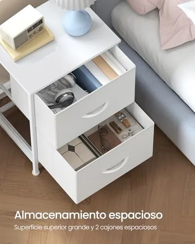 SONGMICS BELLAH blanca, mesita de noche blanco nube y blanco nieve de marco de acero con encimera de aglomerado y cajones de tela — imagen 4 de 6