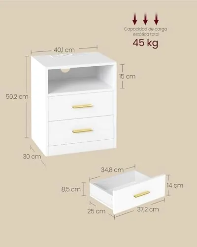 VASAGLE CUSTOS (pack 2), mesita de noche blanco nube de mdf y aglomerado con patas de madera — imagen 2 de 6