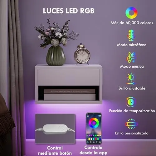 HOMCOM flotantes LED, mesita de noche blanco de melamina — imagen 4 de 6