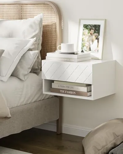 HEYZOEY flotante, mesita de noche blanco de madera de ingeniería con acabado blanco diamante