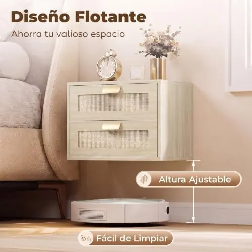 HOMCOM flotantes ratán, mesita de noche roble de melamina de madera con frentes de ratán natural — imagen 4 de 6