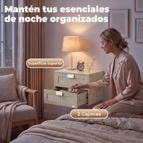 HOMCOM flotantes ratán, mesita de noche roble de melamina de madera con frentes de ratán natural — imagen 5 de 6