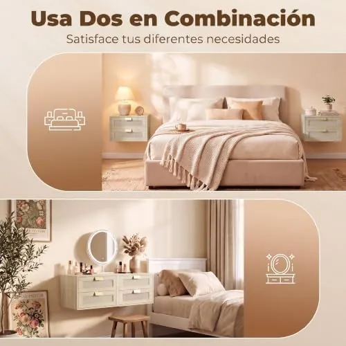HOMCOM flotantes ratán, mesita de noche roble de melamina de madera con frentes de ratán natural — imagen 6 de 6