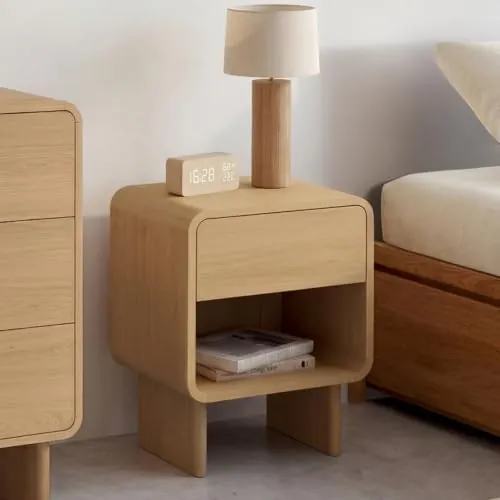 IDMarket Capucine, mesita de noche haya de madera de ingeniería con acabado haya — imagen 2 de 6