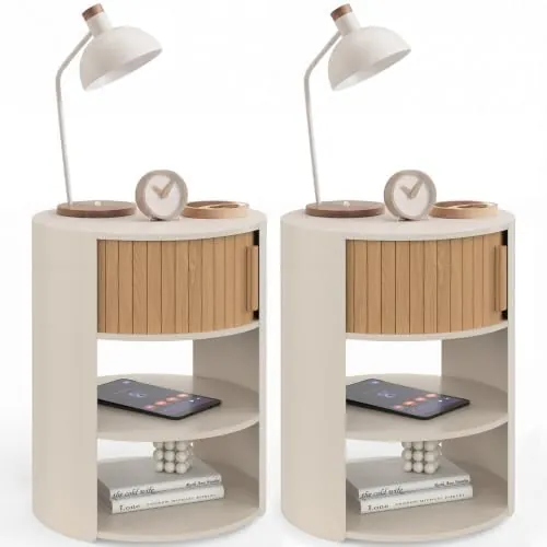 IDMarket Tono redondas, mesita de noche beige y madera de estructura de metal con tablero de mdf