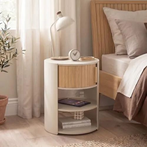 IDMarket Tono redondas, mesita de noche beige y madera de estructura de metal con tablero de mdf — imagen 2 de 6