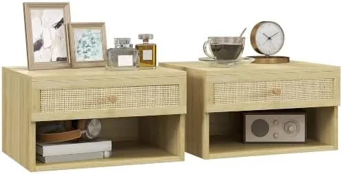 HOMCOM flotantes rejilla, mesita de noche madera natural de melamina de madera con frente de rejilla