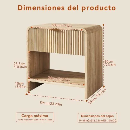 GUVIBAYB listones, mesita de noche color madera de tablero de madera ecológico de grado p2 de 15 mm con recubrimiento termoformado — imagen 2 de 6