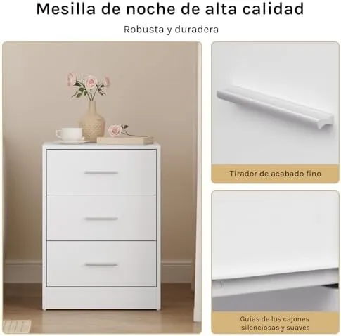 WOLTU 3 cajones (pack 2), mesita de noche blanco de aglomerado y mdf de clase e1 con sobre de melamina — imagen 4 de 6