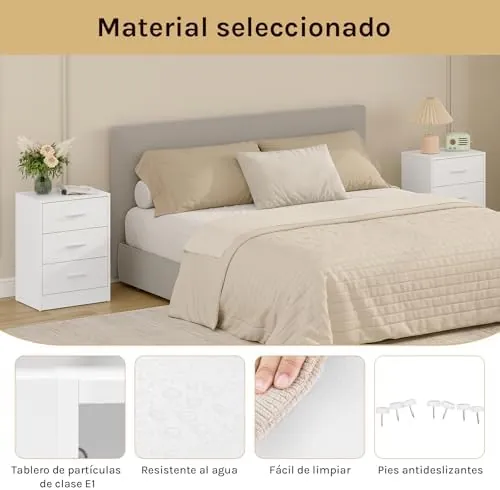 WOLTU 3 cajones (pack 2), mesita de noche blanco de aglomerado y mdf de clase e1 con sobre de melamina — imagen 5 de 6