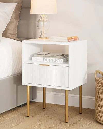 HEYZOEY blanca bohemia, mesita de noche blanco de mdf lacado con estructura metálica