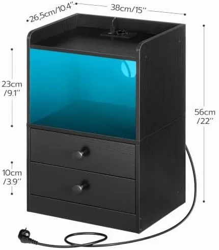 HOOBRO LED y carga, mesita de noche negro de estructura de hierro con mdf y aglomerado — imagen 3 de 6