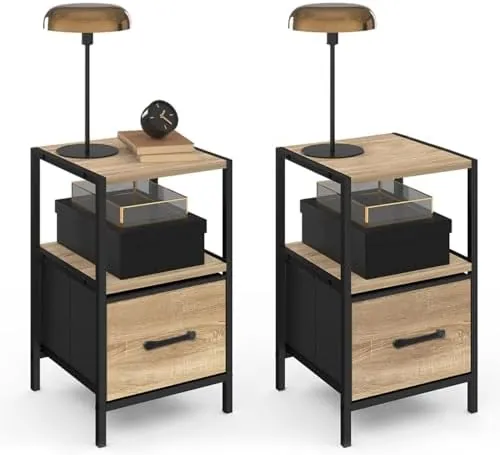 IDMarket Utah (pack 2), mesita de noche negro de tablero de partículas efecto madera con estructura de metal