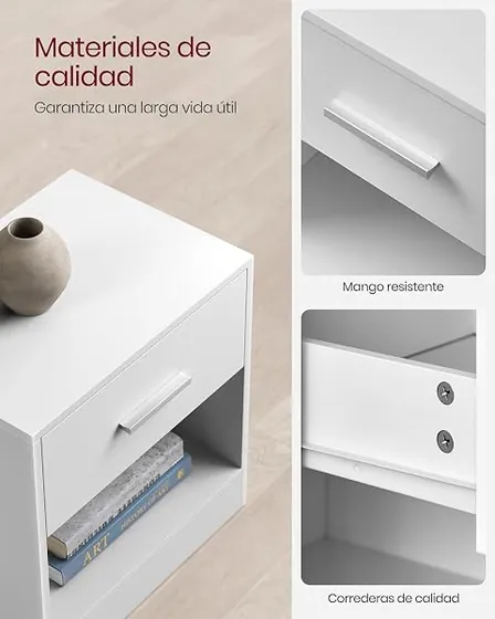 VASAGLE CUSTOS baja (pack 2), mesita de noche blanco clásico de tablero de aglomerado con acabado lacado — imagen 5 de 6