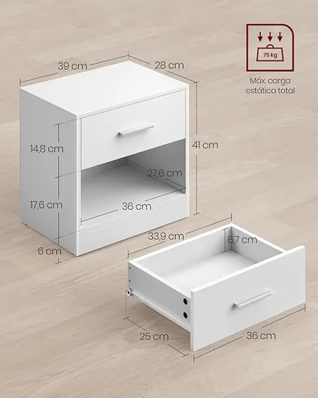 VASAGLE CUSTOS baja (pack 2), mesita de noche blanco clásico de tablero de aglomerado con acabado lacado — imagen 6 de 6