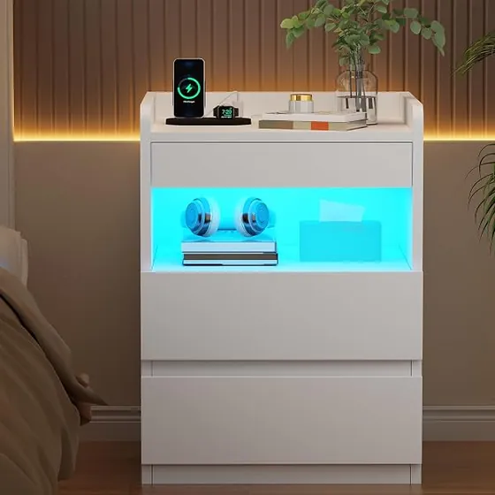 BEWISHOME LED (pack 2), mesita de noche blanco de tablero de madera de ingeniería — imagen 2 de 6