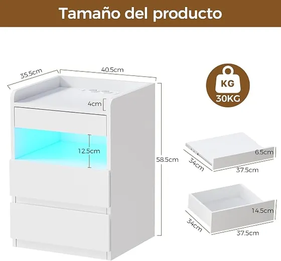 BEWISHOME LED (pack 2), mesita de noche blanco de tablero de madera de ingeniería — imagen 3 de 6