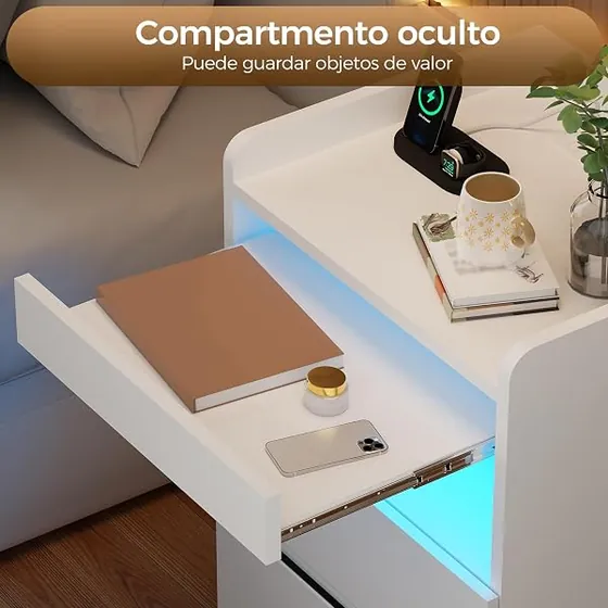 BEWISHOME LED (pack 2), mesita de noche blanco de tablero de madera de ingeniería — imagen 4 de 6
