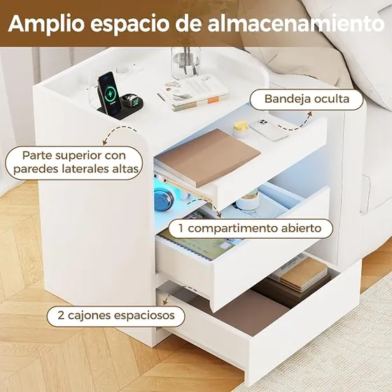 BEWISHOME LED (pack 2), mesita de noche blanco de tablero de madera de ingeniería — imagen 5 de 6