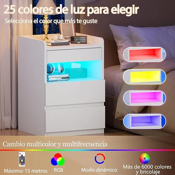 BEWISHOME LED (pack 2), mesita de noche blanco de tablero de madera de ingeniería — imagen 6 de 6