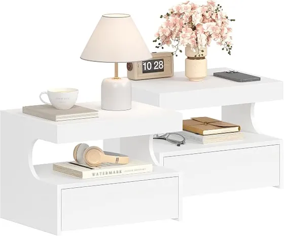 Hzuaneri flotante en U (pack 2), mesita de noche blanco de tablero de madera de ingeniería