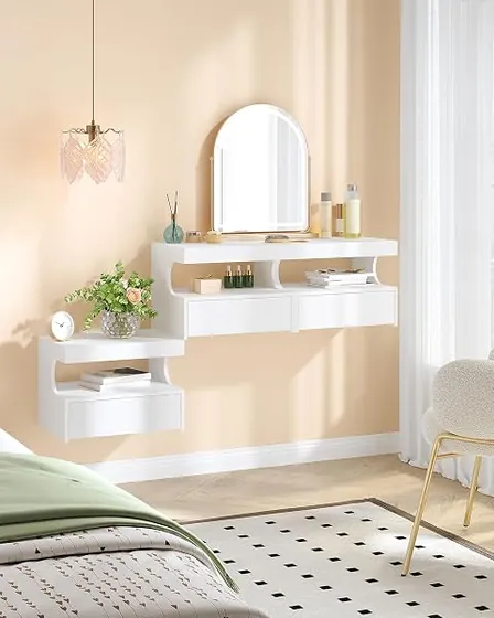 Hzuaneri flotante en U (pack 2), mesita de noche blanco de tablero de madera de ingeniería — imagen 2 de 6