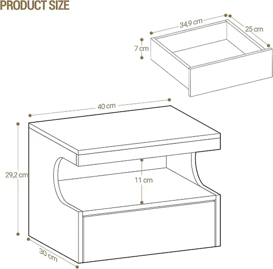 Hzuaneri flotante en U (pack 2), mesita de noche blanco de tablero de madera de ingeniería — imagen 3 de 6