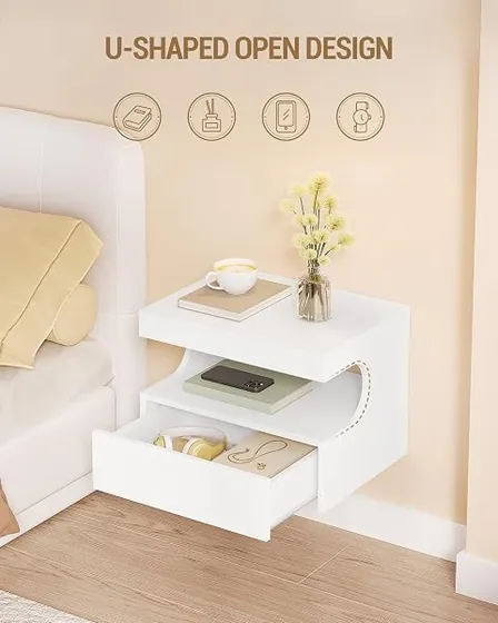 Hzuaneri flotante en U (pack 2), mesita de noche blanco de tablero de madera de ingeniería — imagen 4 de 6