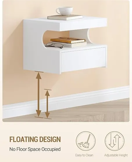 Hzuaneri flotante en U (pack 2), mesita de noche blanco de tablero de madera de ingeniería — imagen 6 de 6