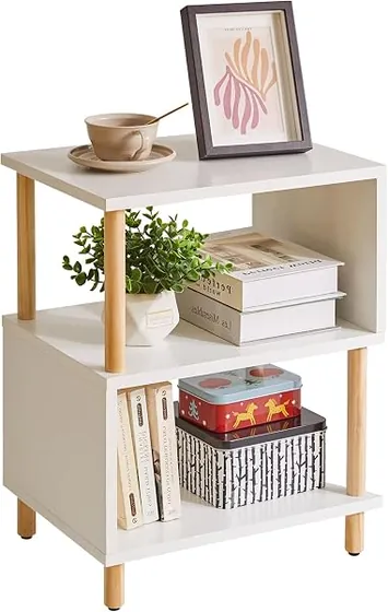 Aibiju forma de S, mesita de noche blanca de aglomerado lacado con patas de madera
