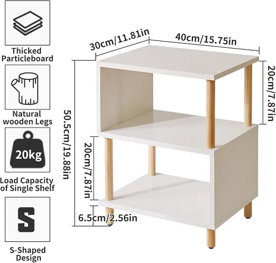 Aibiju forma de S, mesita de noche blanca de aglomerado lacado con patas de madera — imagen 3 de 6