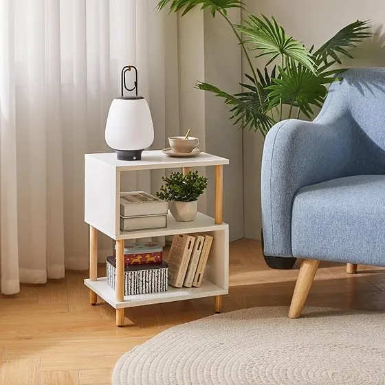 Aibiju forma de S, mesita de noche blanca de aglomerado lacado con patas de madera — imagen 5 de 6