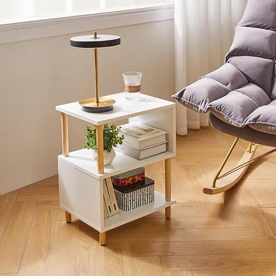 Aibiju forma de S, mesita de noche blanca de aglomerado lacado con patas de madera — imagen 6 de 6