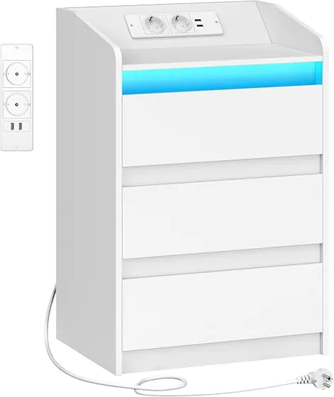 Hzuaneri 3 cajones LED, mesita de noche blanco de tablero de aglomerado de calidad seleccionada
