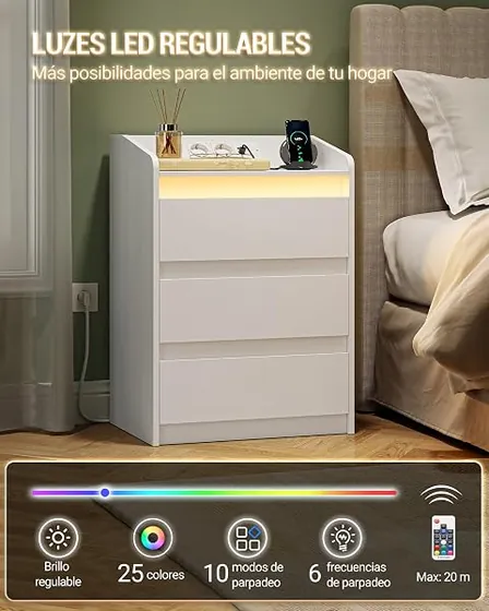 Hzuaneri 3 cajones LED, mesita de noche blanco de tablero de aglomerado de calidad seleccionada — imagen 5 de 6