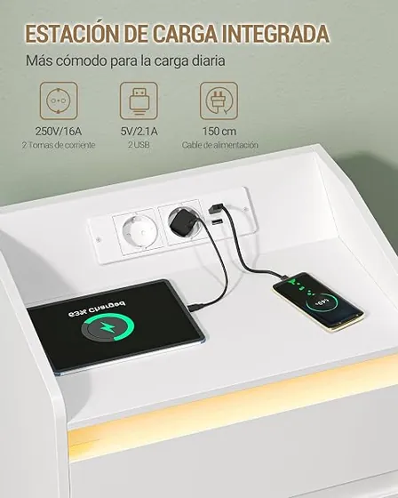 Hzuaneri 3 cajones LED, mesita de noche blanco de tablero de aglomerado de calidad seleccionada — imagen 6 de 6