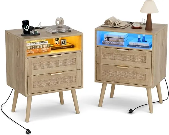 BonVache ratán con USB-C (pack 2), mesita de noche natural de madera de ingeniería con frentes de ratán y patas macizas