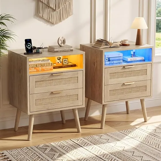 BonVache ratán con USB-C (pack 2), mesita de noche natural de madera de ingeniería con frentes de ratán y patas macizas — imagen 2 de 6
