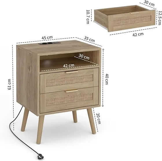 BonVache ratán con USB-C (pack 2), mesita de noche natural de madera de ingeniería con frentes de ratán y patas macizas — imagen 3 de 6