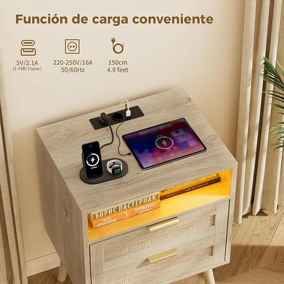 BonVache ratán con USB-C (pack 2), mesita de noche natural de madera de ingeniería con frentes de ratán y patas macizas — imagen 4 de 6