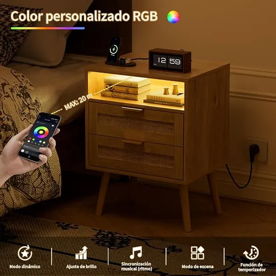 BonVache ratán con USB-C (pack 2), mesita de noche natural de madera de ingeniería con frentes de ratán y patas macizas — imagen 5 de 6