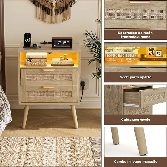 BonVache ratán con USB-C (pack 2), mesita de noche natural de madera de ingeniería con frentes de ratán y patas macizas — imagen 6 de 6