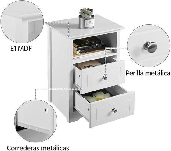Yaheetech MDF lacado (pack 2), mesita de noche blanco de mdf macizo lacado — imagen 4 de 6